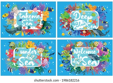 sea vector set. take me to the sea, deep blue sea, under the sea, welcome to the . Coral reef, underwater ocean life vector .Cartoon flat ocean aquarium  waters collection with colorful algae