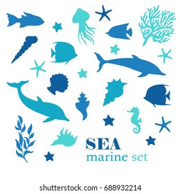 Sea vector silhouettes of undersea flora and fauna set, isolated on white background.