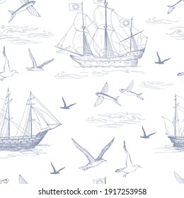 Sea vector sketch seamless pattern background. Hand drawing realistic outline vector image.