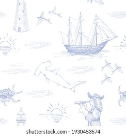 Sea vector sketch seamless pattern background. Hand drawing realistic outline vector image.