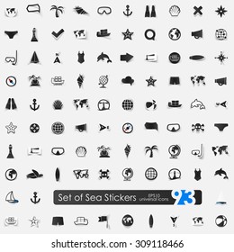 sea vector sticker icons with shadow. Paper cut