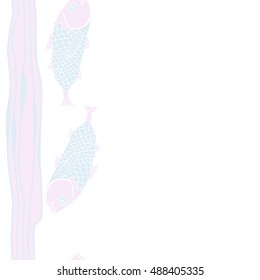 Sea  vertical pattern with fishes,   stripes, seamless . Hand drawn.