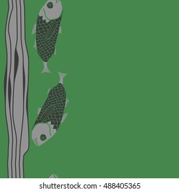 Sea  vertical pattern with fishes,   stripes, seamless . Hand drawn.