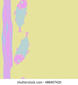 Sea  vertical pattern with fishes,   stripes, seamless . Hand drawn.