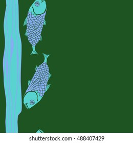 Sea  vertical pattern with fishes,   stripes, seamless . Hand drawn.