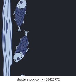 Sea  vertical pattern with fishes,   stripes, seamless . Hand drawn.