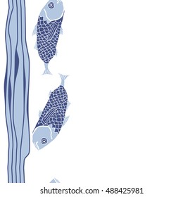 Sea  vertical pattern with fishes,   stripes, seamless . Hand drawn.