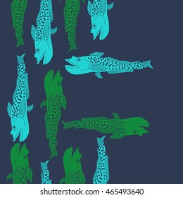 Sea  vertical pattern,   hole, spots, fishes, doodles, seamless . Hand drawn.