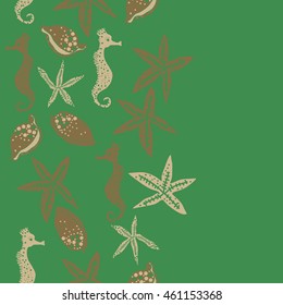 Sea  vertical stylized motif, doodles,  spots, starfish, sea Horses, cowries, spirals, ellipses, hole,  seamless pattern , copy space. Hand drawn.