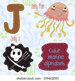 Sea very cute  Alphabet.J letter.Jelly fish,Jolly roger Alphabet design in a colorful style.