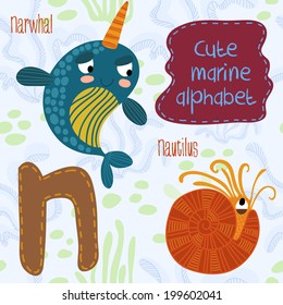 Sea very cute  Alphabet.N letter.Narwhal,Nautilus Alphabet design in a colorful style.