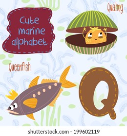 Sea very cute  Alphabet.Q letter.Queenfish,Quahog Alphabet design in a colorful style.