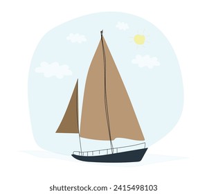Sea vessel and boat vector. Drawing of sailing boat, ship, maritime transport isolated on white. Transportation, traveling, vacation concept.  Sailboat and ocean. yacht ship. Rope. Adventure Vacation.