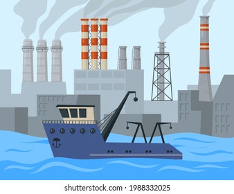 Sea vessel sailing past factories cartoon vector illustration. Smoke from industrial buildings, ship on water. Industry, transportation concept