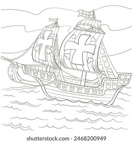 Sea vessel, viking sailing boat coloring page for kids and adults, cartoon pirate ship, summer theme black and white style