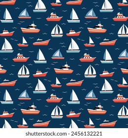 Sea vessels in a pattern.Vector seamless pattern with sea vessels on a colored background.