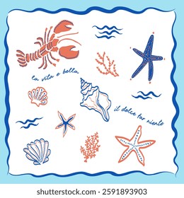 Sea vibe retro marine vector print. Sea shells, lobster, starfish, coral illustration.