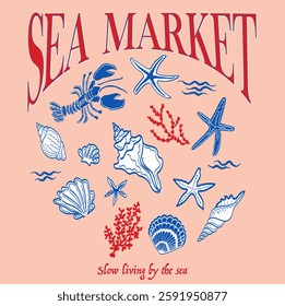 Sea vibe retro marine vector print. Sea shell, starfish, lobster, waves, coral illustration.