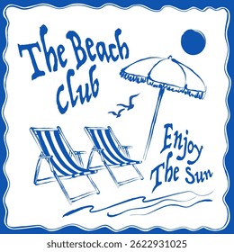 Sea vibe retro marine vector print. Sunbed, umbrella, beach, sun illustration.	