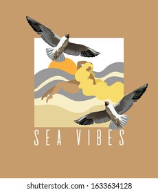 Sea vibes. Vector hand drawn illustration of fat woman with seagulls. Creative artwork made in flat style.  Template for card, poster, banner, print for t-shirt, coloring,  patch.