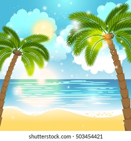 Sea view background. Ocean and palm trees seaside blue design. Vector illustration