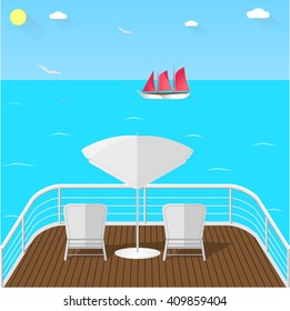 Sea view balcony with white armchairs and umbrella, wooden floor and white railing. Horizon view, ship with red sail, gulls and blue sea. Sea traveling vector illustration.