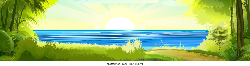 Sea. View from the bank overgrown with trees. The road from the forest. Flat style illustration. Horizon. Vector