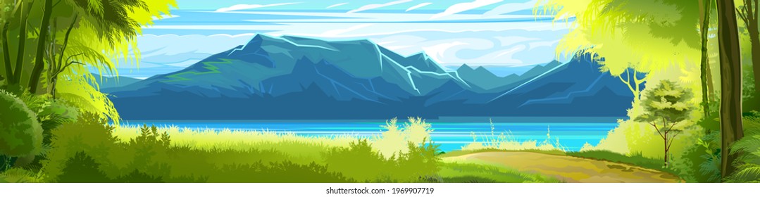 Sea. View from the bank overgrown with trees. Road. Flat style illustration. On the horizon there is a rocky coast with mountains. Cartoon. Vector