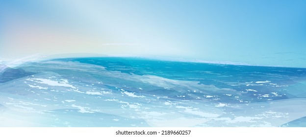 Sea view banner. Ocean panorama. Vector wave, ocean illustration.  Concept for card, poster, flyer, print.