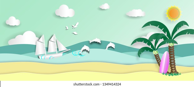 Sea view and barque in summer with coconut tree and surfboard on beach of paper art style,vector or illustration with travel concept