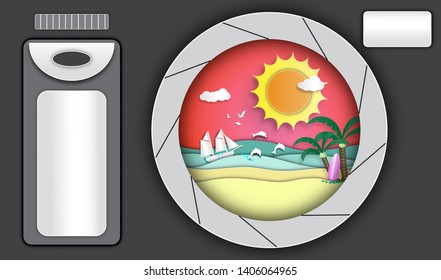 Sea view and barque in summer with coconut tree and surfboard on beach with camera of paper art style,vector or illustration with travel concept