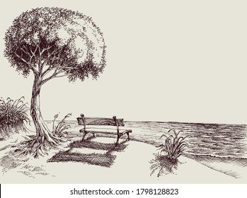 Sea view from a bench in the garden hand drawing