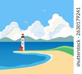 Sea view blue lagoon and lighthouse on empty beach. Fluffy clouds sky. Sandy ocean shore. Beacon tower on a coast. Nature background summer travel scenery. Flat design seaside vector illustration.