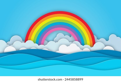 Sea view. Cloud and Rainbow in the Blue sky. paper cut and craft style. blue sea waves white air clouds paper art style of cover design. Vector illustration