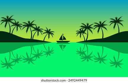 Sea View with Coconut Trees and Sailing Ships