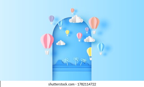 Sea view in curved arch shape frame with hot air balloons float up on sky. Graphic design of hot air balloon. paper cut and craft style. vector, illustration.