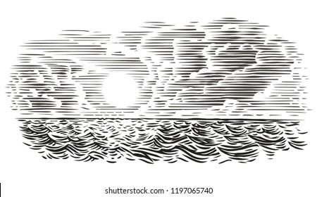 Sea view engraving style illustration. Vector, isolated, layered. 