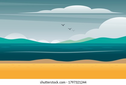 sea view with green hill and clouds vector