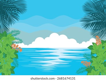 La vista al mar tiene nubes blancas hoja a mano. fondo. estilo con espacio para texto - diseño de fondo para redes sociales, postales, póster, tarjeta de visita, volante, folleto y otros.