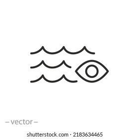 icono de la vista del mar, ondas oculares y oceánicas, ver el cuerpo del agua, símbolo de línea delgada sobre fondo blanco - ilustración de vector de trazo editable
