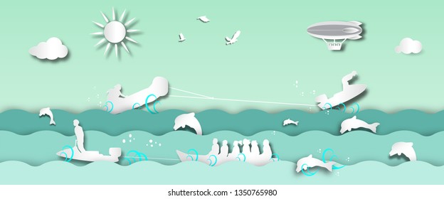 Sea view with jet ski and dolphins jumping on waters in summer of paper art style,vector or illustration with travel concept