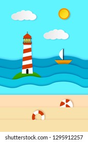 Sea view with lighthouse, boat, sun, clouds and beach. Vector illustration in  paper art  style