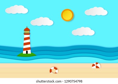 Sea view with lighthouse, sun, clouds and beach. Vector illustration in modern paper art  style