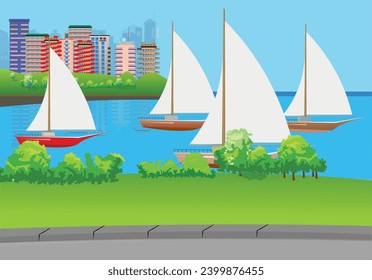 Sea view with many yachts floating on a regatta sport race. The city is seen in the distance. Vector illustration.