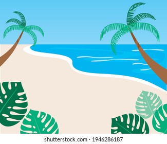 Vistas al mar para el espacio minero. Ilustración de material vectorial plano. Mar a reposo. Plantilla, fondo, fondo con hojas. Plantilla con lugar para el texto. Ilustración marina