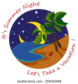 Sea view and moon in circle with word on white background