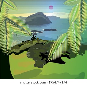 Vistas al mar con montañas y hojas de palma. Viajes y turismo. Para decorar contenido sobre viajes, diseño y creatividad