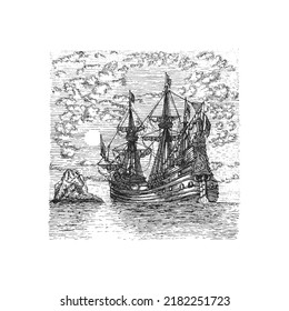 Vista marina con barco de vela, ilustración en estilo grabado. Esbozo manual de la vieja flauta holandesa.