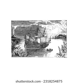 Sea view with old sailing ship in Moon light, Dutch fluyt, hand drawn graphic illustration in engraving style, vintage night marine landscape in vector 