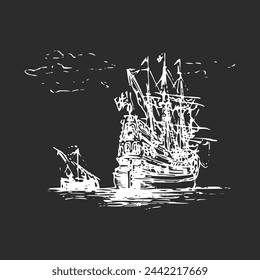 Sea view with old sailing ship and boat, illustration in engraving style, marine landscape with Dutch fluyt, hand sketch